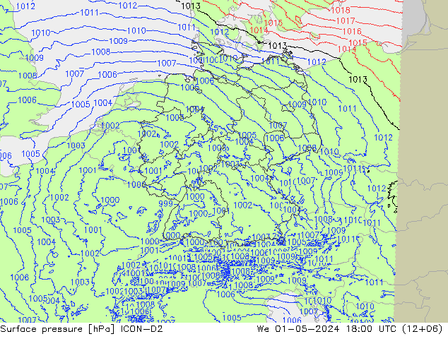 Surface pressure ICON-D2 We 01.05.2024 18 UTC