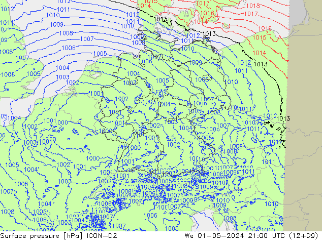 Surface pressure ICON-D2 We 01.05.2024 21 UTC