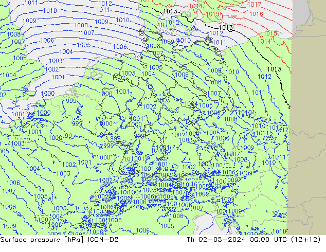 Pressione al suolo ICON-D2 gio 02.05.2024 00 UTC