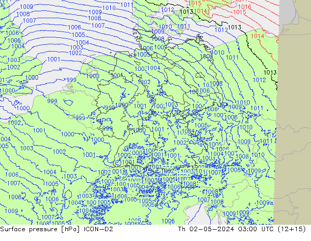 Presión superficial ICON-D2 jue 02.05.2024 03 UTC