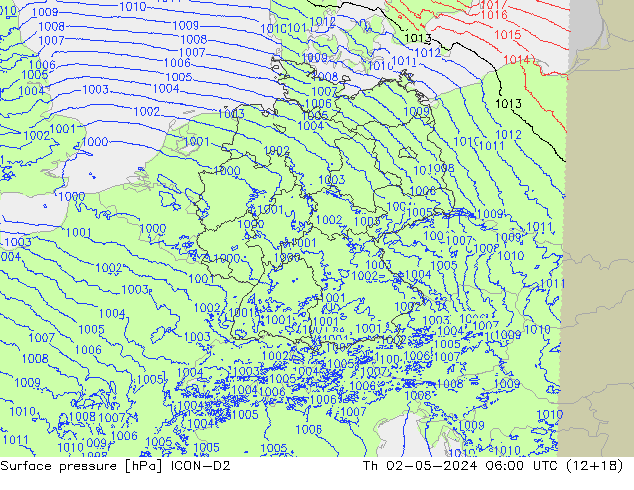 Surface pressure ICON-D2 Th 02.05.2024 06 UTC