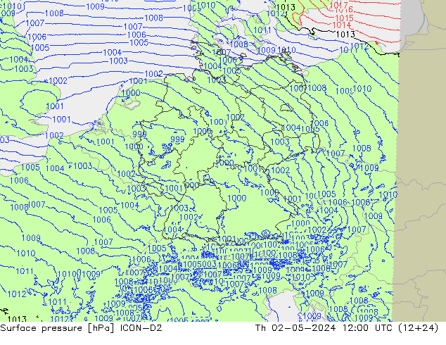 Pressione al suolo ICON-D2 gio 02.05.2024 12 UTC