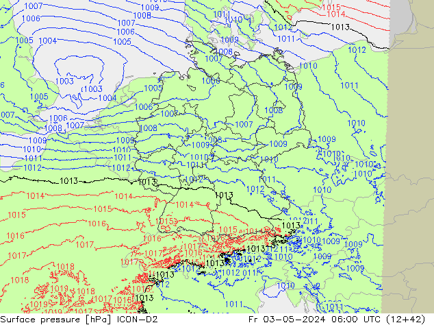 Pressione al suolo ICON-D2 ven 03.05.2024 06 UTC