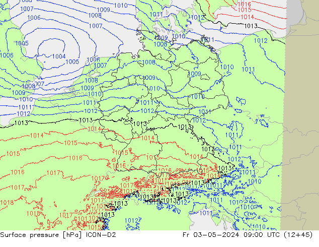 Pressione al suolo ICON-D2 ven 03.05.2024 09 UTC