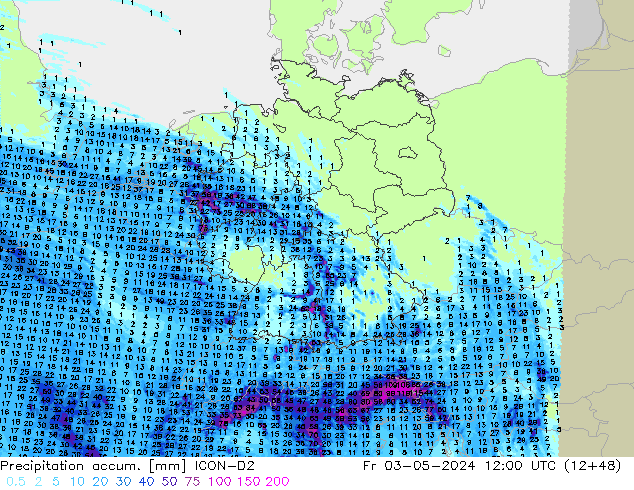 Totale neerslag ICON-D2 vr 03.05.2024 12 UTC