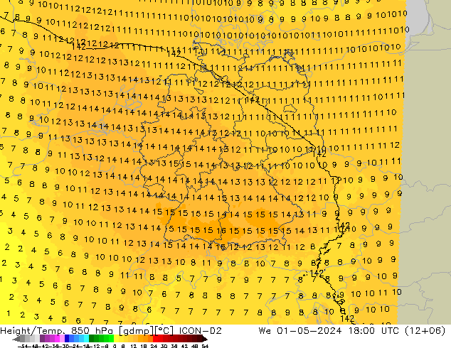 Height/Temp. 850 hPa ICON-D2 Qua 01.05.2024 18 UTC