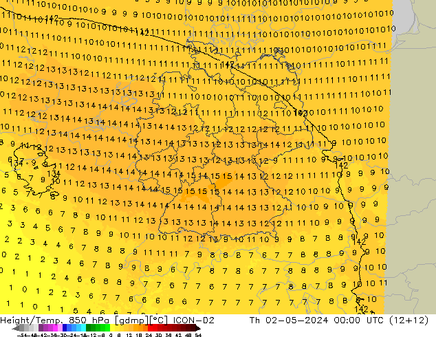 Height/Temp. 850 hPa ICON-D2 czw. 02.05.2024 00 UTC