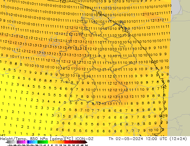 Height/Temp. 850 hPa ICON-D2 Qui 02.05.2024 12 UTC