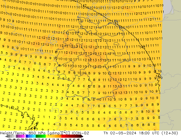 Height/Temp. 850 hPa ICON-D2 gio 02.05.2024 18 UTC