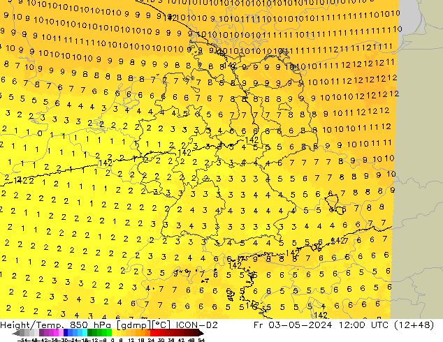 Height/Temp. 850 hPa ICON-D2 Fr 03.05.2024 12 UTC