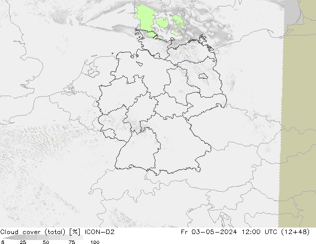 Cloud cover (total) ICON-D2 Fr 03.05.2024 12 UTC