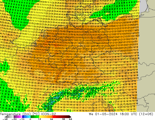 Temperatura (2m) ICON-D2 mié 01.05.2024 18 UTC