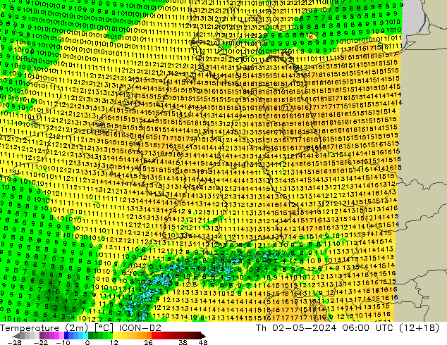 Temperatura (2m) ICON-D2 gio 02.05.2024 06 UTC