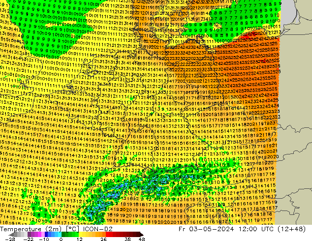 Temperature (2m) ICON-D2 Pá 03.05.2024 12 UTC