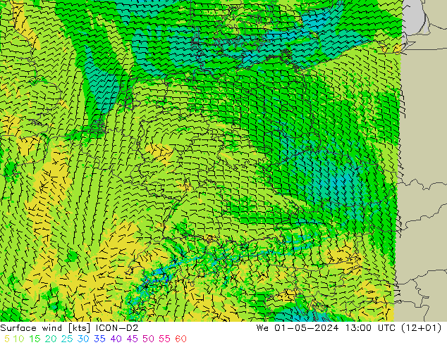 Surface wind ICON-D2 We 01.05.2024 13 UTC