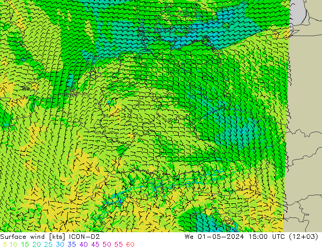 Viento 10 m ICON-D2 mié 01.05.2024 15 UTC