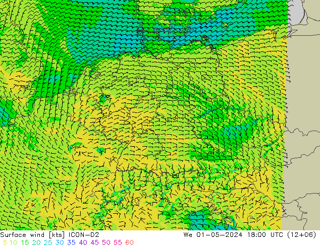 Vento 10 m ICON-D2 mer 01.05.2024 18 UTC