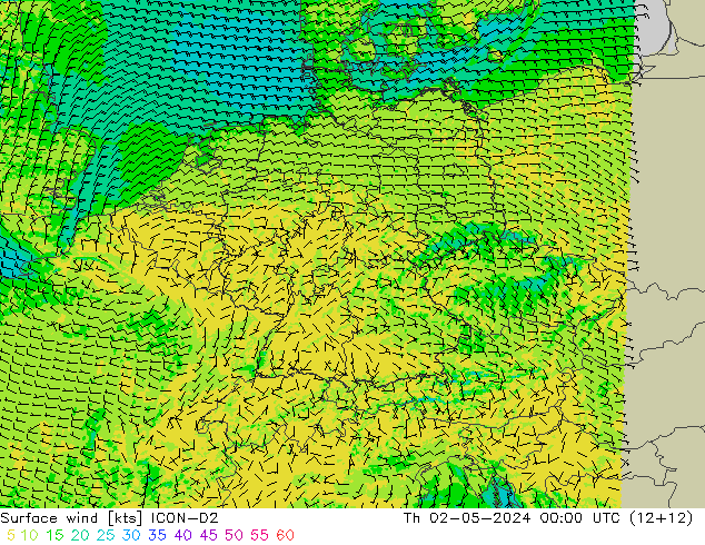 Vent 10 m ICON-D2 jeu 02.05.2024 00 UTC