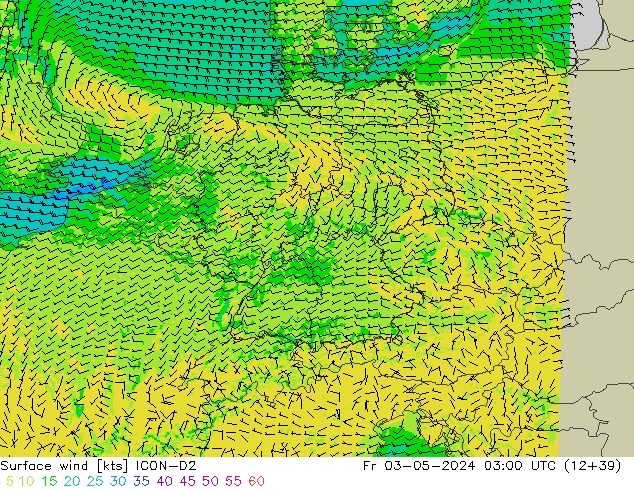 Viento 10 m ICON-D2 vie 03.05.2024 03 UTC