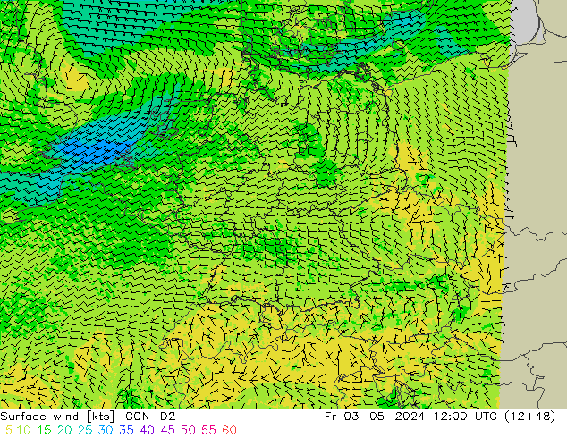 Viento 10 m ICON-D2 vie 03.05.2024 12 UTC