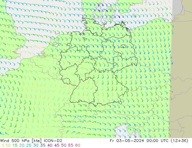 Vent 500 hPa ICON-D2 ven 03.05.2024 00 UTC