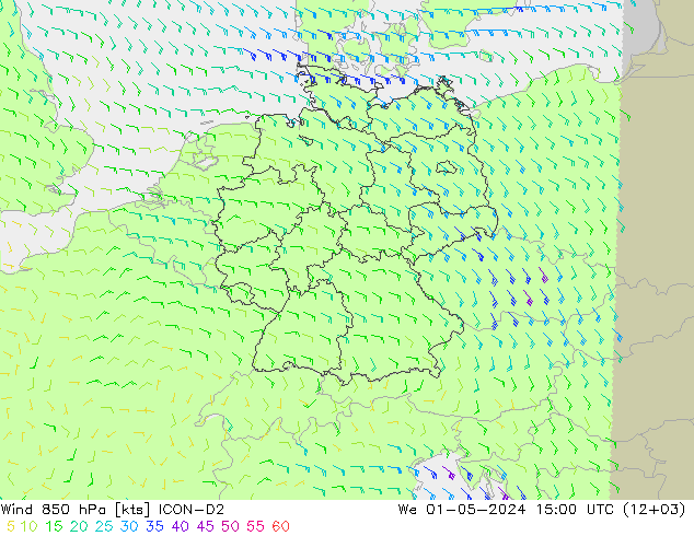 Wind 850 hPa ICON-D2 Mi 01.05.2024 15 UTC