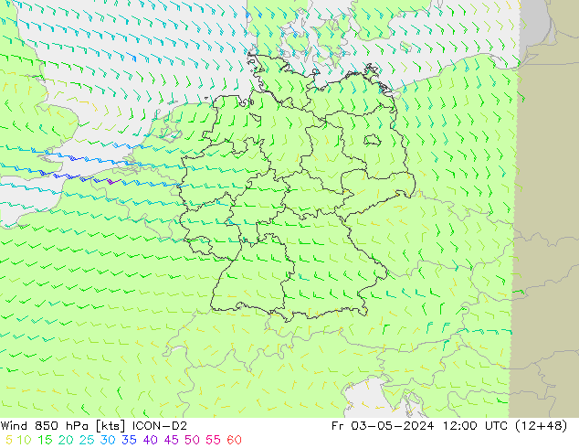 Vento 850 hPa ICON-D2 Sex 03.05.2024 12 UTC