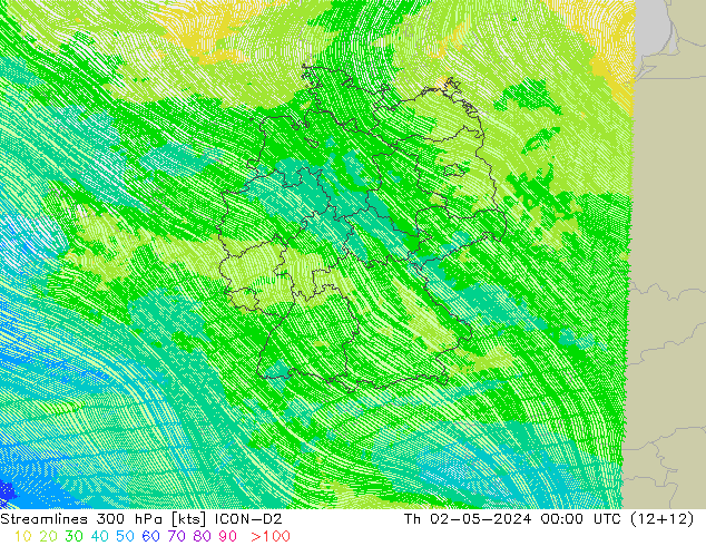 Línea de corriente 300 hPa ICON-D2 jue 02.05.2024 00 UTC