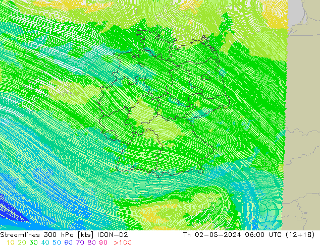 Streamlines 300 hPa ICON-D2 Čt 02.05.2024 06 UTC