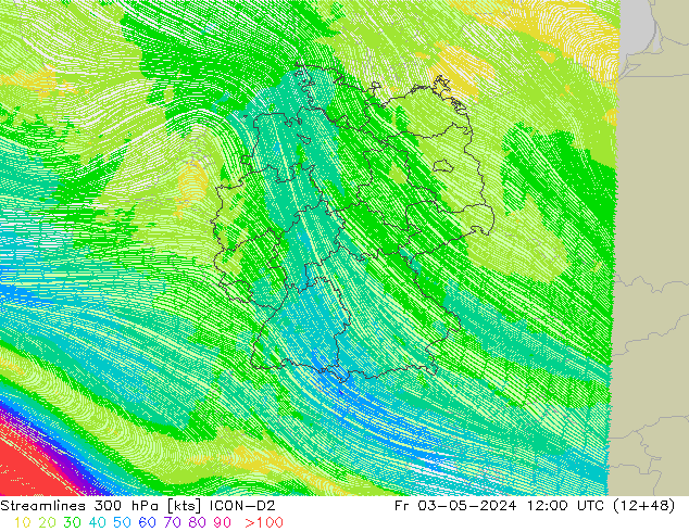 Streamlines 300 hPa ICON-D2 Fr 03.05.2024 12 UTC