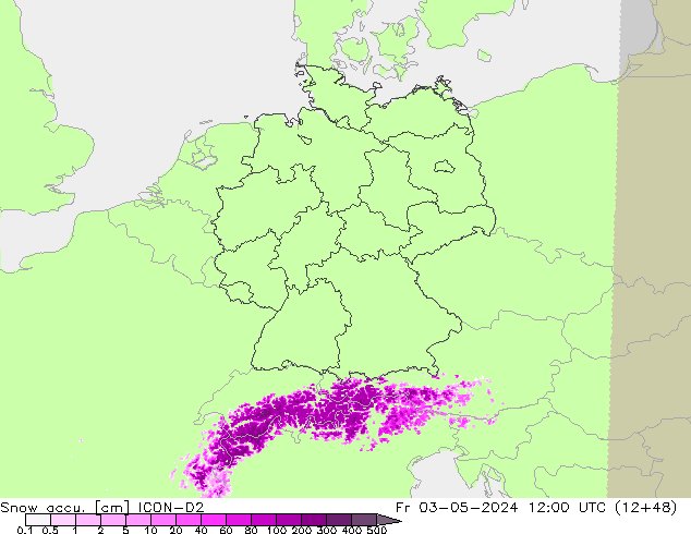 Snow accu. ICON-D2 vie 03.05.2024 12 UTC