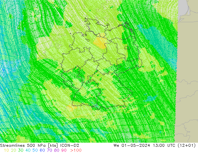 Streamlines 500 hPa ICON-D2 We 01.05.2024 13 UTC