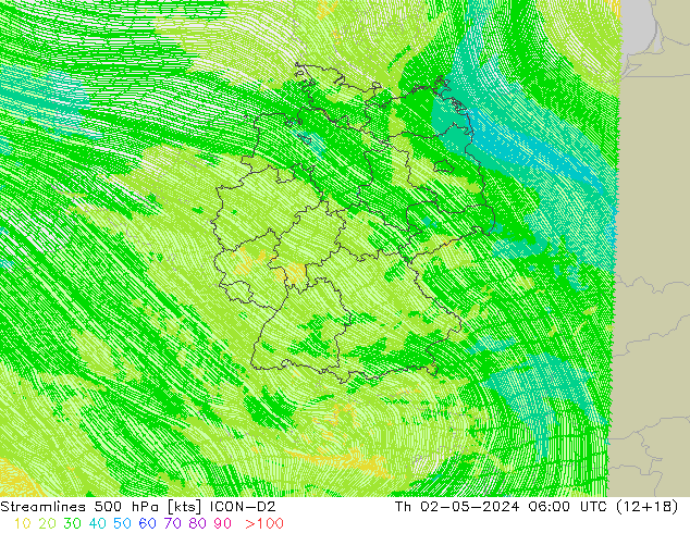 Linha de corrente 500 hPa ICON-D2 Qui 02.05.2024 06 UTC