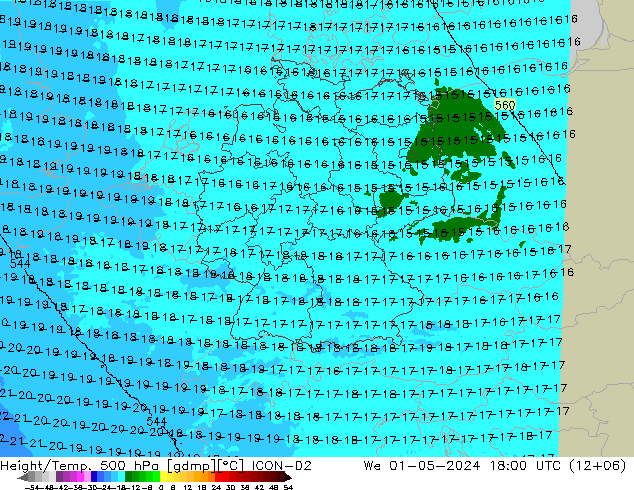 Height/Temp. 500 hPa ICON-D2 Mi 01.05.2024 18 UTC