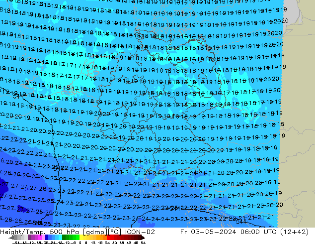 Hoogte/Temp. 500 hPa ICON-D2 vr 03.05.2024 06 UTC