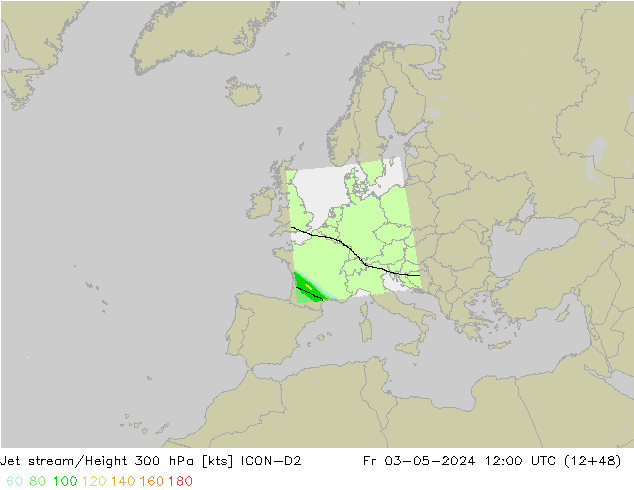 Corriente en chorro ICON-D2 vie 03.05.2024 12 UTC