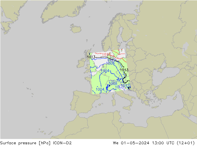 Surface pressure ICON-D2 We 01.05.2024 13 UTC