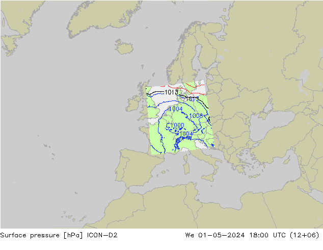 Surface pressure ICON-D2 We 01.05.2024 18 UTC