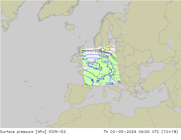 Presión superficial ICON-D2 jue 02.05.2024 06 UTC