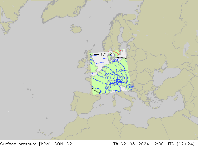 Surface pressure ICON-D2 Th 02.05.2024 12 UTC