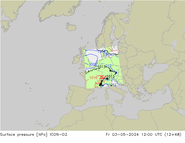 Pressione al suolo ICON-D2 ven 03.05.2024 12 UTC