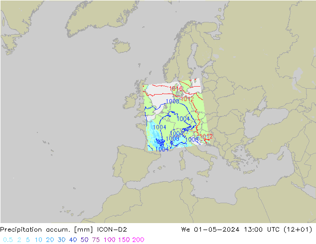 Precipitation accum. ICON-D2 We 01.05.2024 13 UTC