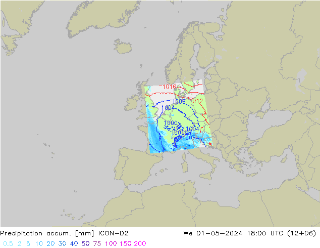 Nied. akkumuliert ICON-D2 Mi 01.05.2024 18 UTC