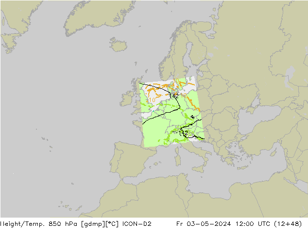 Hoogte/Temp. 850 hPa ICON-D2 vr 03.05.2024 12 UTC