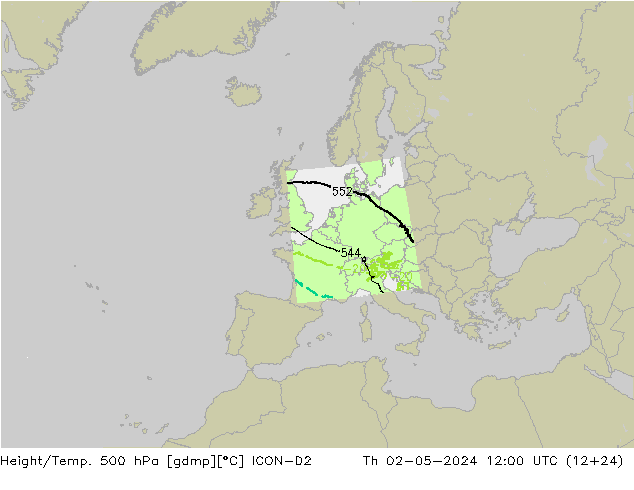 Height/Temp. 500 hPa ICON-D2 Do 02.05.2024 12 UTC