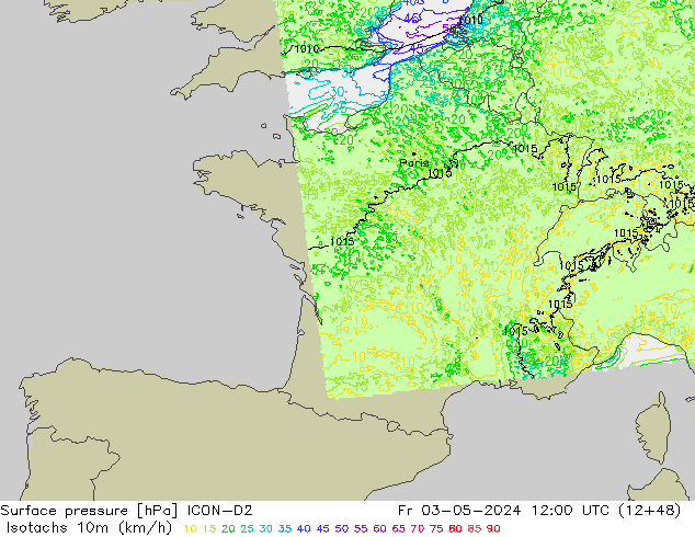 Isotachs (kph) ICON-D2 Fr 03.05.2024 12 UTC