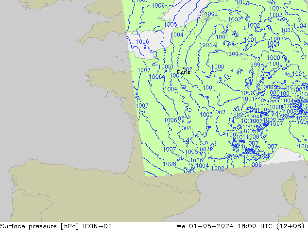 Surface pressure ICON-D2 We 01.05.2024 18 UTC