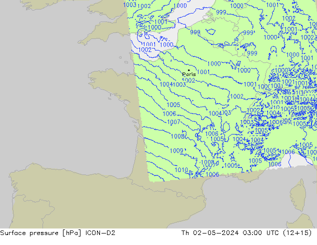 Surface pressure ICON-D2 Th 02.05.2024 03 UTC