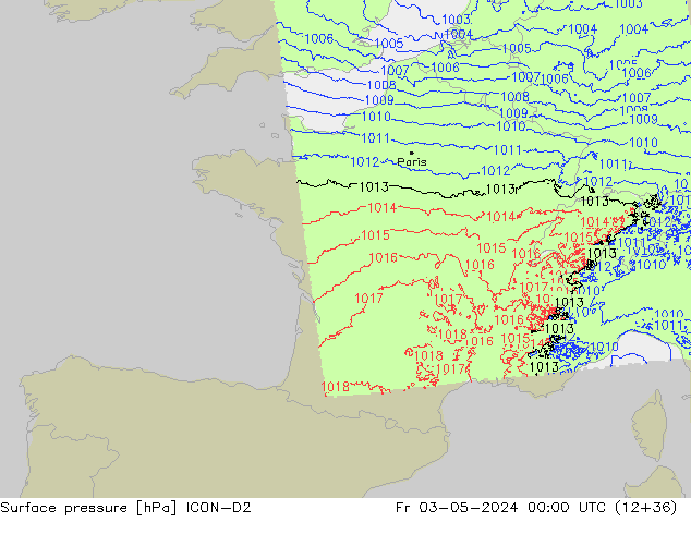 pressão do solo ICON-D2 Sex 03.05.2024 00 UTC