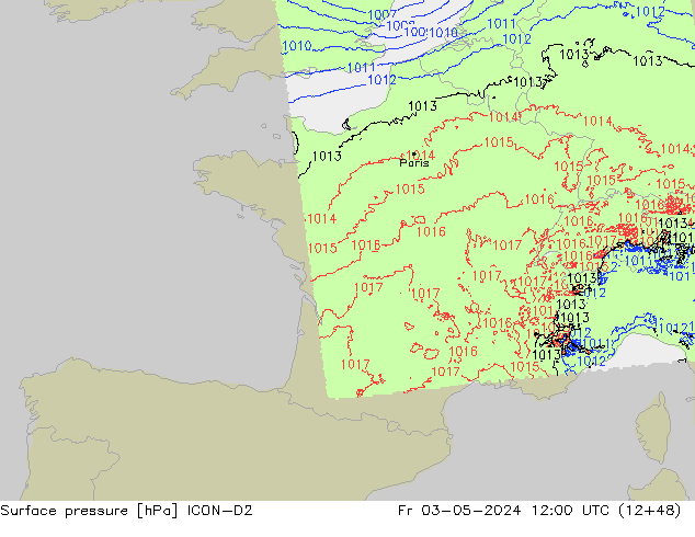 Presión superficial ICON-D2 vie 03.05.2024 12 UTC